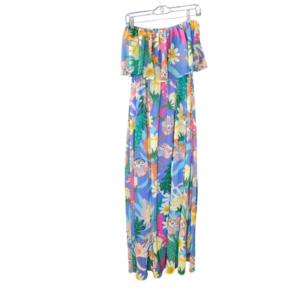Entro Strapless Tropical Floral Print Dress Elastic Waist Side Slit Flowy S